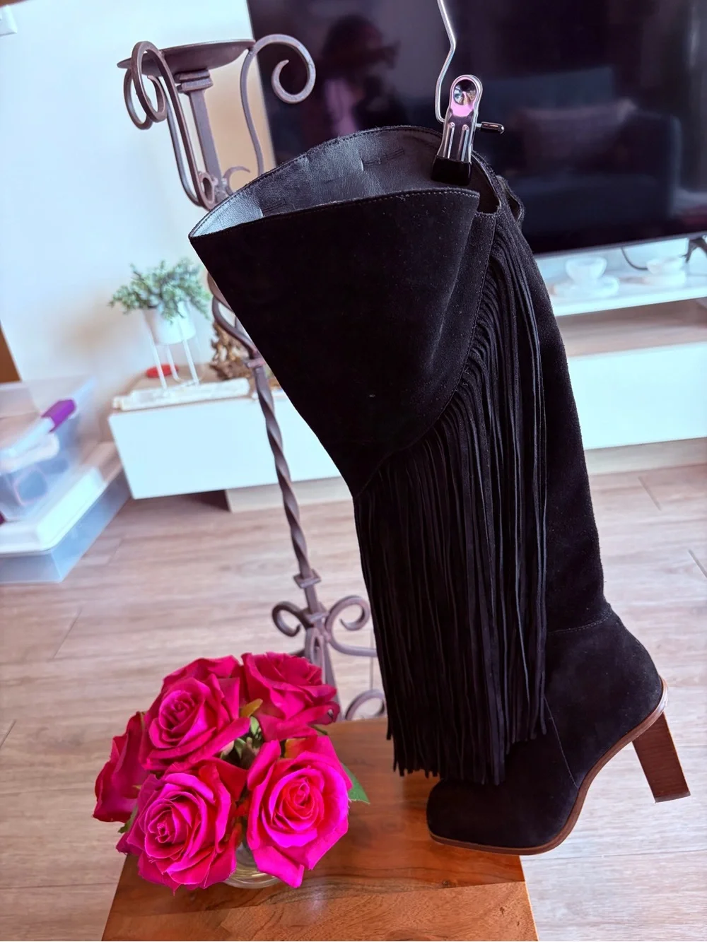Jessica Simpson Black Suede Over-the-Knee Fringe Boots